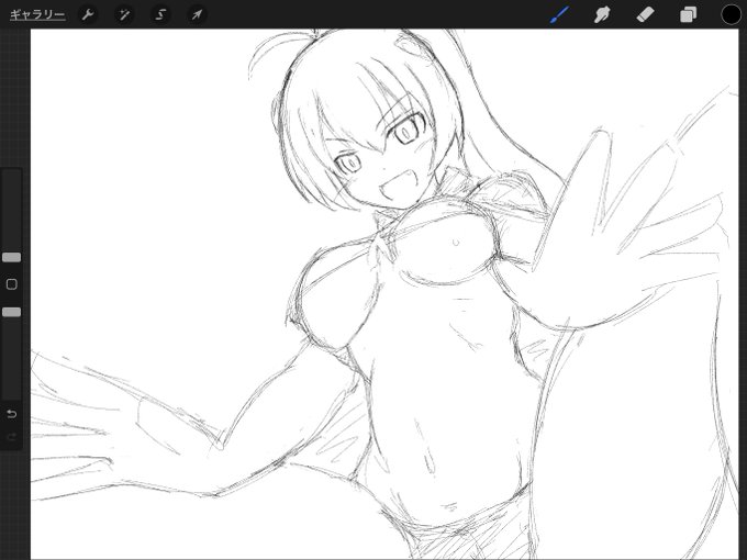 ラフ。

アタリの目の感じがいい感じなんで活かす。

線画にする。 https://t.co/XBenWSvSFV 