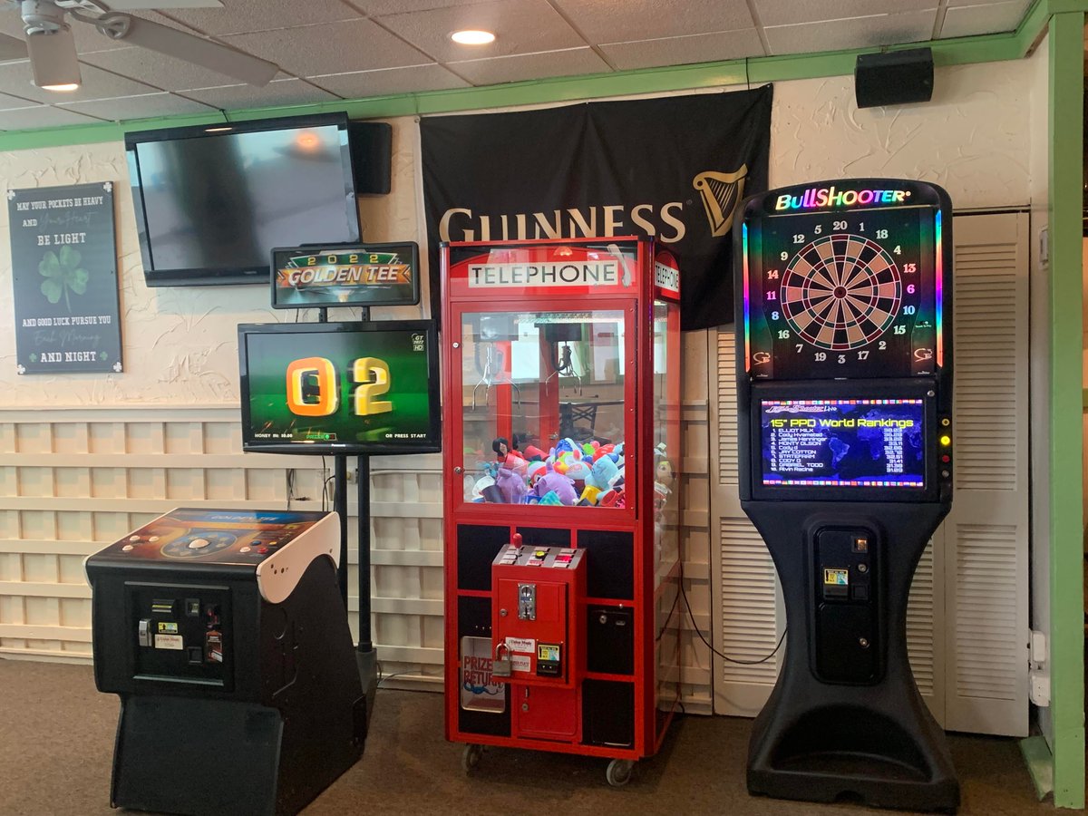 Come in and play Golden Tee, Or Darts, or the Claw machine, Vagas Legions gift card machine, Ms. Pac Man