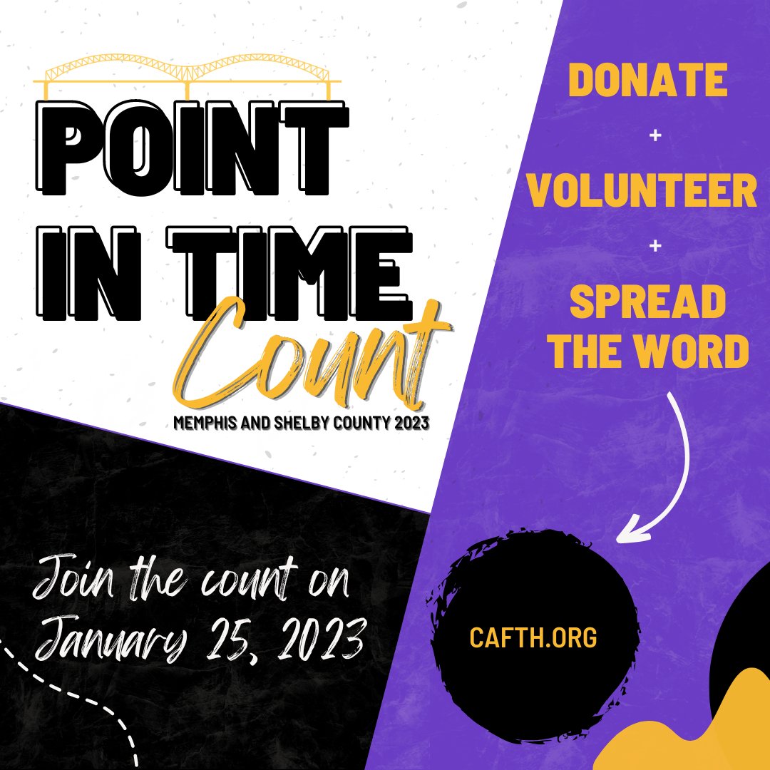Volunteer with us! The Memphis/Shelby County Point in Time Count is happening the morning of January 25, 2023, and we need your support to make it successful! Visit cafth.org/point-in-time-… to:

▶️VOLUNTEER 
▶️DONATE items/funds for care bags
▶️SHARE this opportunity