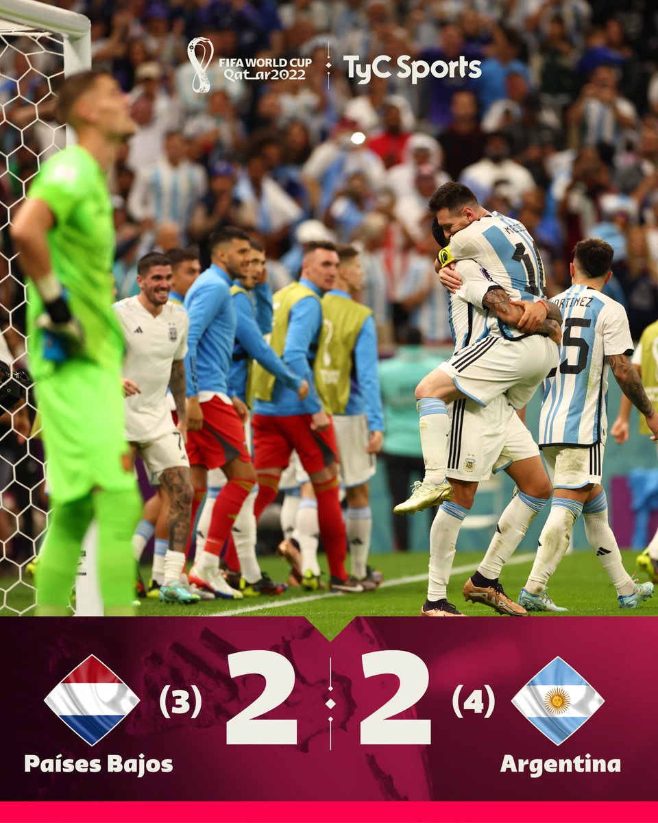 TyCSports's tweet photo. ¡¡¡ESTAMOS EN SEMIFINALES!!! 🇦🇷🔝🙌🏻

La Selección Argentina eliminó a Países Bajos en la tanda de penales luego de haber empatado 2 a 2 en el tiempo reglamentario. El martes jugamos por un lugar en la final contra Croacia. ¡VAMOS!

#TyCSportsMundial https://t.co/4YE60oK8Pt