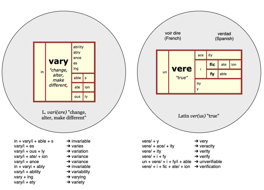 Pete Bowers (@borneo_pete) on Twitter photo <a href="/RebeccaSWI/">Rebecca Loveless</a> <a href="/wordtorque/">FionaHamilton</a> Verily! This is a truly rich link. I like to contrast the often confused "very" and "vary" with these matrices to show the spelling-meaning connections. Subtle point: the <i> inside the Latin stem 'vari-' becomes the <y> in the English <very>. Latin stem 'ver-' has no <i>. <a href="/RebeccaSWI/">Rebecca Loveless</a> <a href="/wordtorque/">FionaHamilton</a> Verily! This is a truly rich link. I like to contrast the often confused "very" and "vary" with these matrices to show the spelling-meaning connections. Subtle point: the <i> inside the Latin stem 'vari-' becomes the <y> in the English <very>. Latin stem 'ver-' has no <i>.