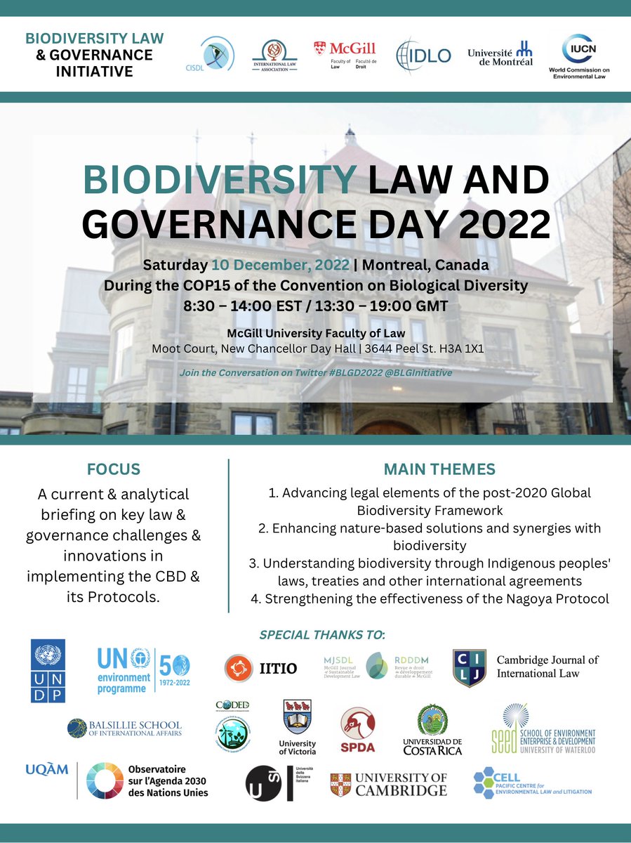 SusanAnnSamuel1's tweet photo. Interested in Biodiversity Law? 
The Biodiversity Law and Governance Day 2022 is happening tomorrow; organised by 
@intsustainlaw
 within the framework of #COP15 of 
@UNBiodiversity

Register: https://t.co/zg57qnyPrO
December 10, 8:30-14:00EST / 13:30-19:00BST / 19:00-00:30 IST https://t.co/KX8MJUTRJp