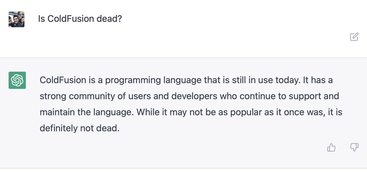 GiancarloGomez's tweet photo. Ladies and Gentlemen, the AI has spoken and it also agrees that ColdFusion IS NOT DEAD!!!! #ChatGPT @coldfusion #coldfusionisnotdead #cfmlrocks https://t.co/JLj9RNSOle
