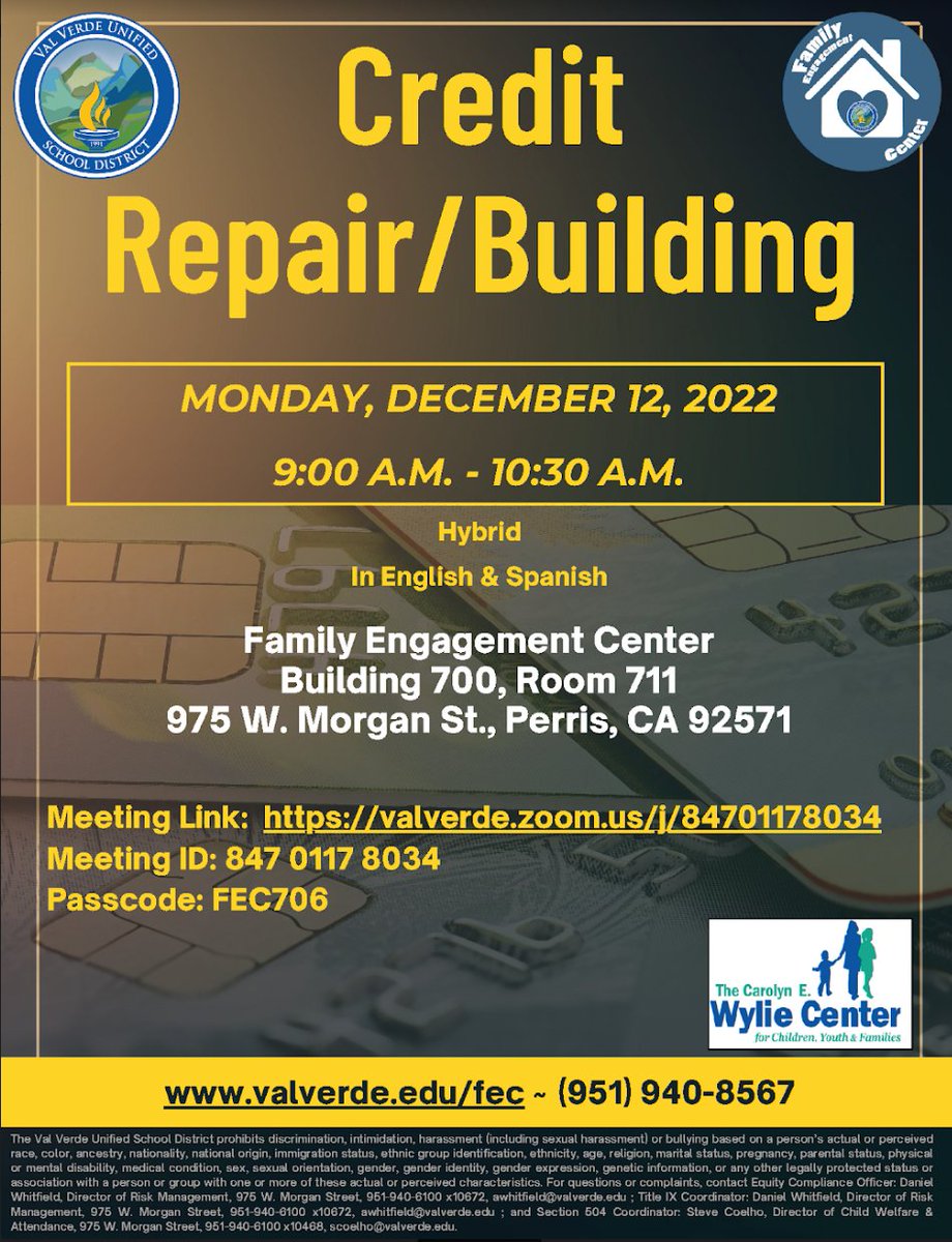 Want to learn how to build your credit? Take our Credit Repair/Building workshop on Monday, December 12, 2022 at 9:00 a.m. in-person OR via Zoom!

Meeting Link: valverde.zoom.us/j/84701178034
Meeting ID: 847 0117 8034
Passcode: FEC706