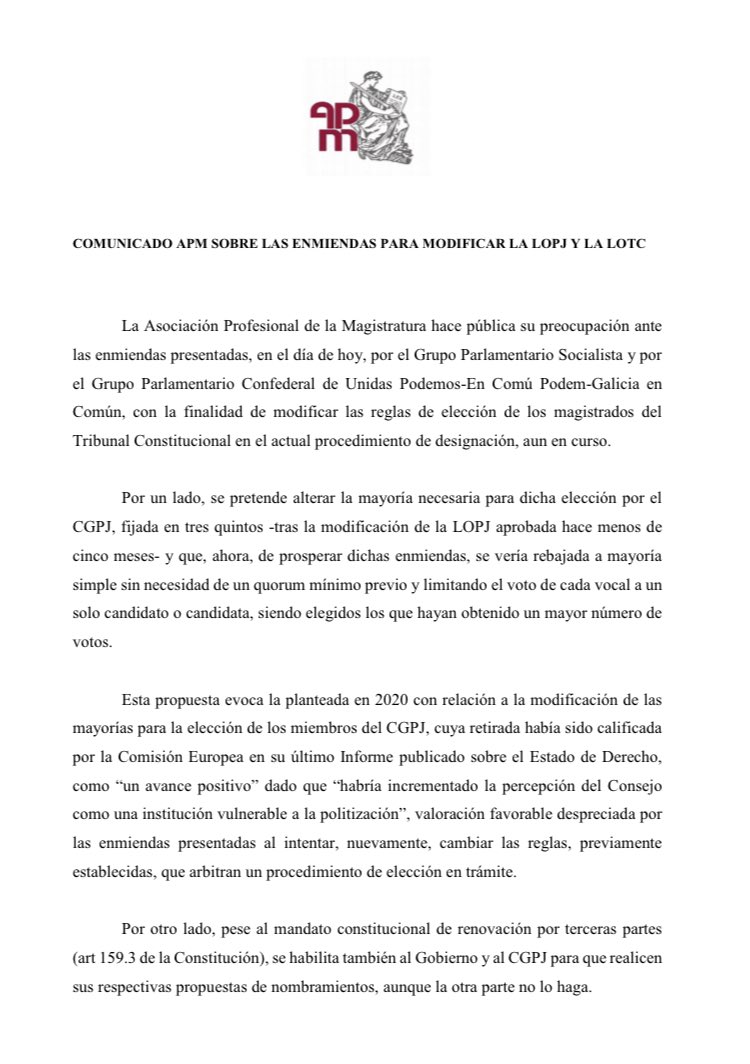 juecesAPM's tweet photo. 🚨#ULTIMAHORA #comunicado @juecesAPM hace pública su preocupación ante las enmiendas presentadas,en el día de hoy,con la finalidad de modificar las reglas de elección de los magistrados del TC y se pretende alterar la mayoría necesaria para elección por el CGPJ https://t.co/KqjNjjGvxK