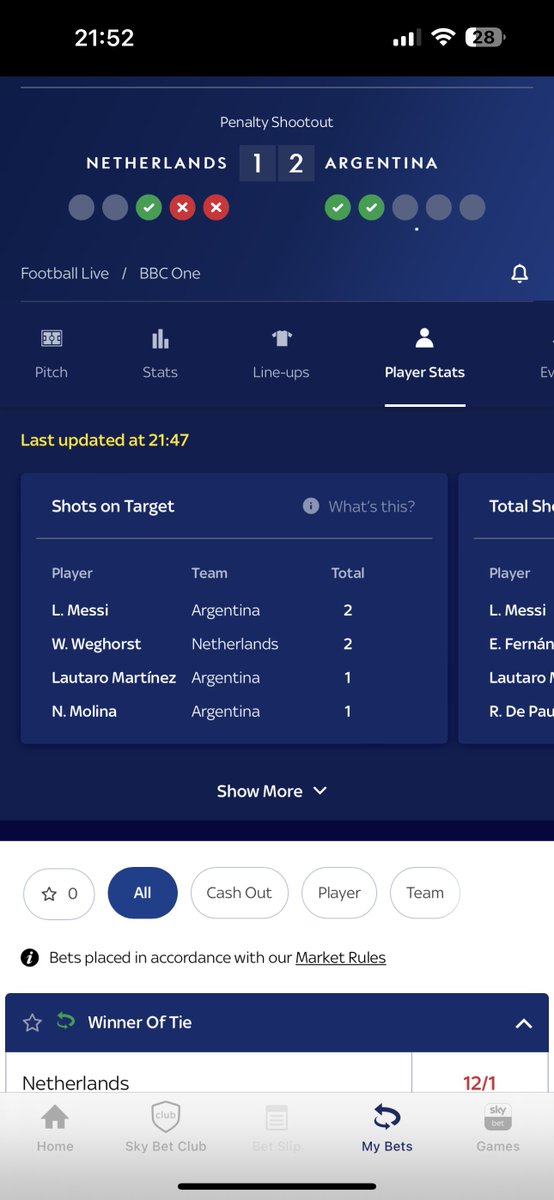 traitorfc's tweet photo. @SkyBetHelp Hi, I placed this bet but it apparently didn't win, can you check this please?

Messi had two shots on target, and Dumfries had a yellow card before the game had ended? https://t.co/b1rFf84iNP