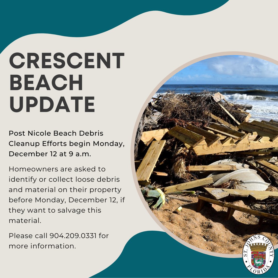 Due to Hurricane Nicole, large amounts of manufactured wood and debris now cover the southern beaches in the Crescent Beach area. Debris removal crews will begin cleanup efforts on Monday, December 12, at 9 a.m. Visit sjcfl.us for more information. #MySJCFL