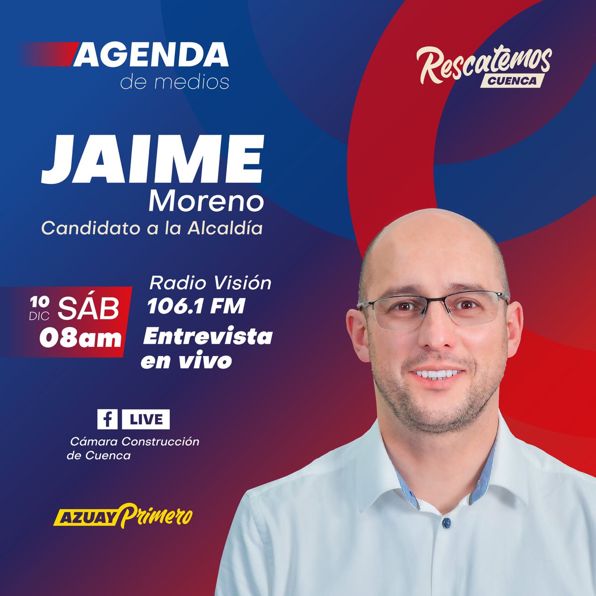 JaimeMoreno_M's tweet photo. 📌 Este sábado tenemos una cita importante. Estaremos al aire a las 8:00 am por @radialvision o través de Facebook Live @camaraconscue
❤️💛 .
#Estaremos en el programa #ConstruyeCuenca para exponer nuestro plan de trabajo para #CuencaEC y nuestra gente.
#RescatemosCuenca https://t.co/tYU7OHRN50