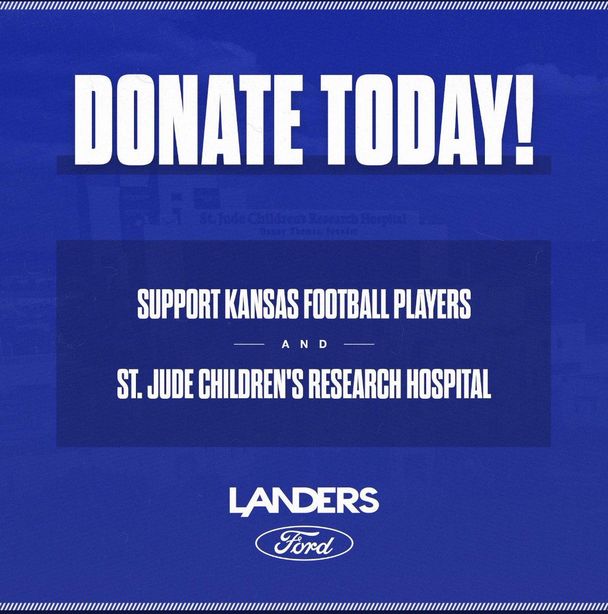 Kansas fans! Memphis is the home of St. Jude Children’s Research Hospital. Donate via link below - half the money raised going to <a href="/StJude/">St. Jude</a> and half to Kansas Football players supporting this campaign! Special thanks to <a href="/LandersFord/">Landers Ford</a> for the support bit.ly/donateku