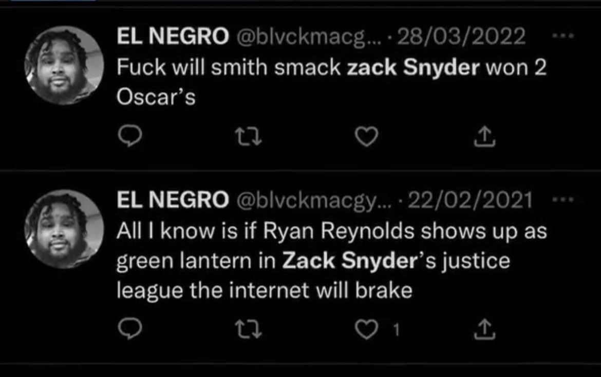 Ghaal201's tweet photo. @blvckmacgyver @StrykerRBLMoon @Rebellion022_B @_thisisvenom @SnyderVerse18 😂 you need help. Also no Snyder didn’t win no Oscar get help. Also yeah no Ryan as GL, imagine giving Snyder another character to butcher. https://t.co/T45qlWMgcM