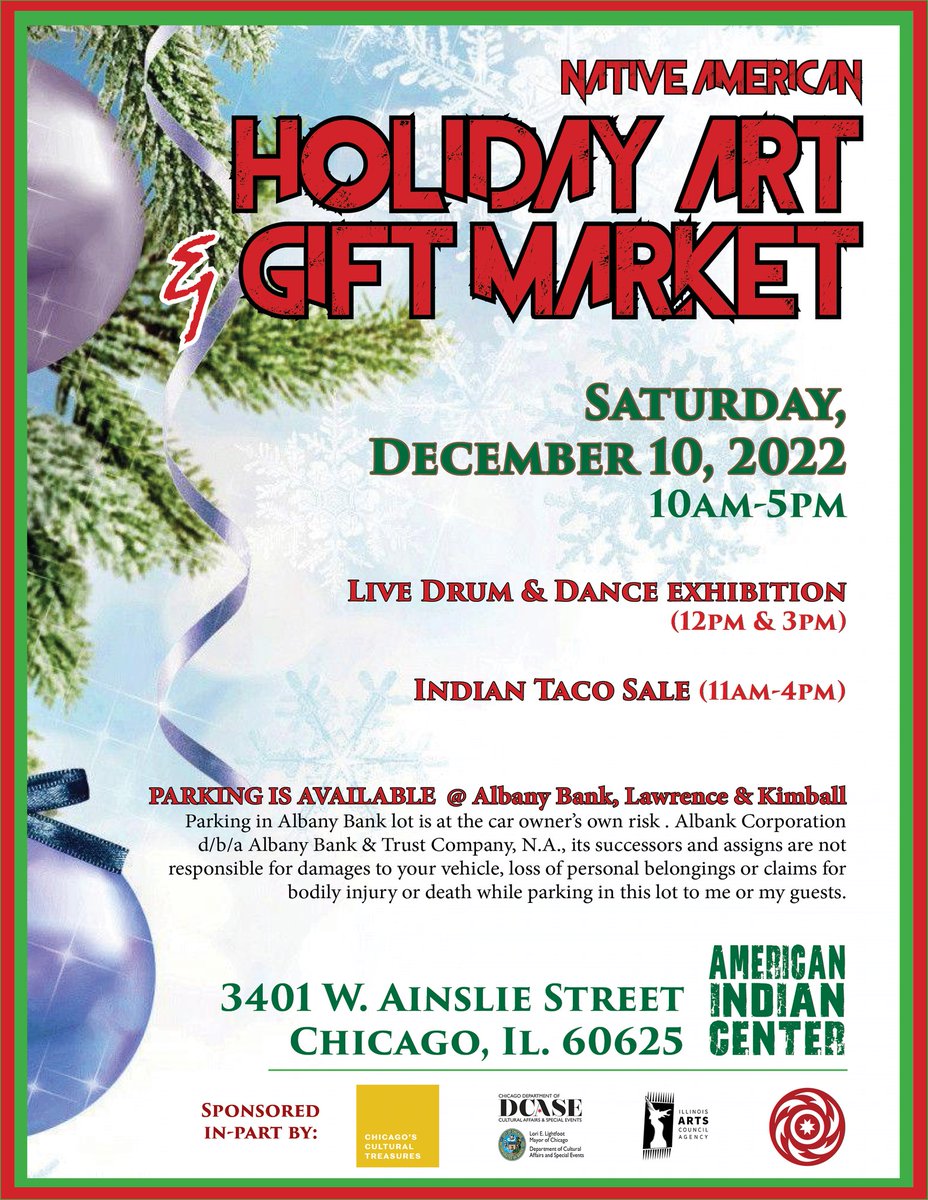 Tomorrow is our Holiday Art Gift Market at the American Indian Center! It runs from 10 a.m.-5 p.m. with drumming and dance demonstrations at noon and 3 p.m. We will also be selling Indian tacos 11 a.m.-4 p.m. 

We hope to see you tomorrow! #Native #Holiday #Chicago