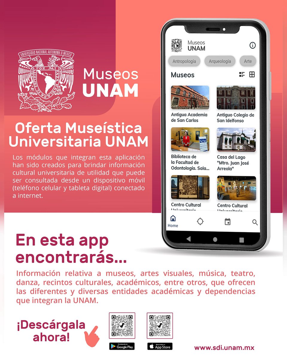 UNAMdigital's tweet photo. ¡Todos los museos universitarios en una aplicación!
Encuentra su ubicación, horarios y oferta cultural en la app 'Museos UNAM'.

¡Descárgala aquí!
👉🏼 https://t.co/qVcscYPyag
👉🏼 https://t.co/Dr2ihwA9MM https://t.co/lzA6gBRjtO
