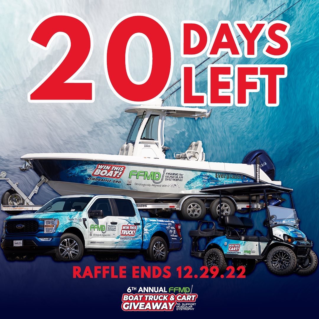 Have you entered?  🟢20 days to go for your chance to WIN an <a href="/EvergladesBoats/">Everglades Boats</a> <a href="/FordTrucks/">Ford Trucks</a> or <a href="/EZGOvehicles/">E-Z-GO</a> Golf Cart. ffmdraffle.org #ffmd #mda #boating #boatlife #fishing #yamaha #garmin #ford #f150 #golfcart #twitter