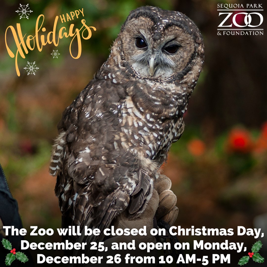 Please note the Sequoia Park Zoo will be closed on Christmas Day, December 25, and open on Monday, December 26, from 10 AM-5 PM. We hope you will stop by with family and friends to celebrate the holiday season! #Zoo #Humboldt #HumboldtCounty #Eureka #Family #Friends #animals
