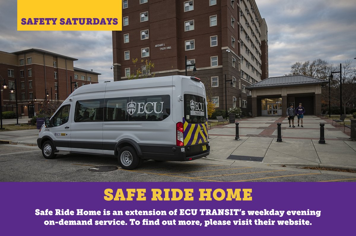 SAFETY SATURDAY: SAFE RIDE HOME. Safe Ride Home is an extension of our weekday evening on-demand service. To find out more about this and other services ECU Transit offers, please visit their website. #ecusafetysat #ecu_safety #reshallsafety #ECUTransit