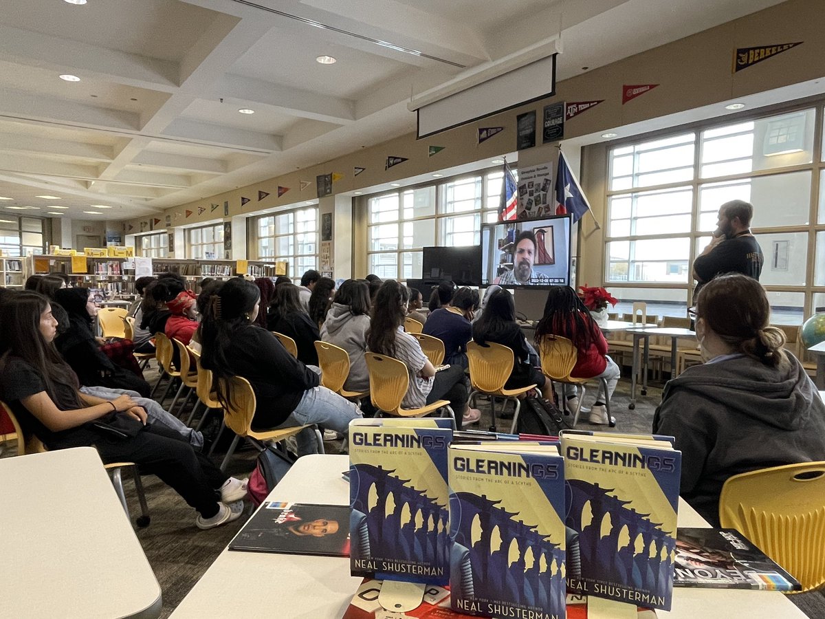 HNGCLibrary's tweet photo. Day 5 of #SixDaysOfHoliday : Virtual Author event with @NealShusterman ! What a positive way to end the week! We raffled off 3 copies of his new book “Gleanings” ! @Alief_Libraries @librarianRamos #HNGCReads #BearsRead #ReadToLearn #ReadForFun #ReadForLife https://t.co/mkPRH4XQSv