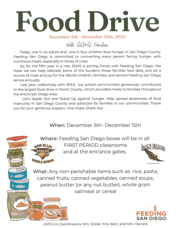 SEMSEagles's tweet image. #SanElijoMS NEWS
12/12-15: AVID&apos;s Feeding San Diego Food Drive
- ASB&apos;s Winter Spirit Days
12/13: #OneBookOneSanDiego virtual meet the Author
12/14: #OneBook in #SEMSLibrary @ lunches
-NO Homework Time today
12/15: #SEMS PTO mtg 1p
- SDCOE Parent Webinar 6p
12/16: Non-Student Day