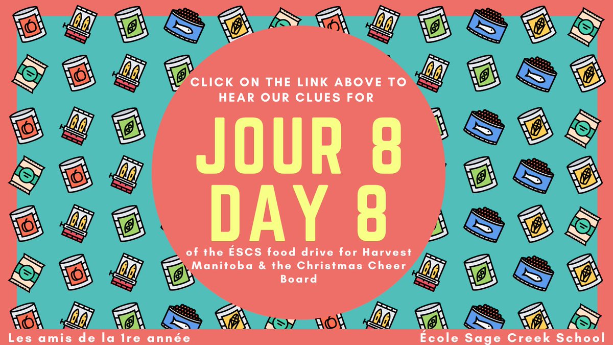 CaelinPhilippo1's tweet photo. Hereโs the link to our clues for DAY 8 of the #SageCreekLRSD food drive for @harvestmanitoba and @ChristmasCheerBoard. Can you guess what item we will be collecting on Monday? Good luck! Bonne chance! #ESCSGenerosity https://t.co/dAG2BI6aA8 https://t.co/zabuZIkyLf