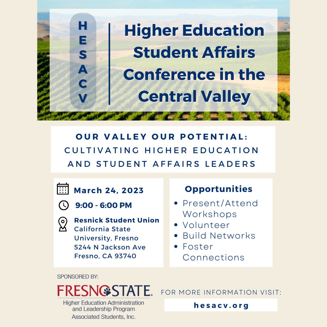Registration is FREE for our inaugural Higher Education and Student Affairs in the Central Valley Conference on March 24, 2023! hesacv.org #HESACV #HEAL <a href="/HGSAFresnoState/">HEAL Graduate Assoc</a> Many thanks to <a href="/FresnoStateASI/">ASI - Fresno State</a>  for their support via Instructionally-Related Activities Grant!