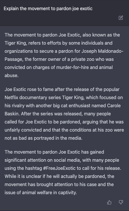 PardonTigerKing's tweet photo. Artificial Intelligence is aware of the Pardon Joe Exotic movement. #ChatGPT #PardonJoeExotic #FreeJoeExotic #JoeExotic2024 https://t.co/5bFSS2lQGK