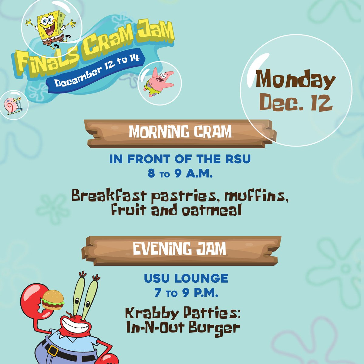 Did someone say FREE food? Yup! That's right. Spotlight Events is fueling your during finals week with breakfast in the morning and burgers tomorrow night. 

Don't forget your student ID to indulge in these delicious treats!