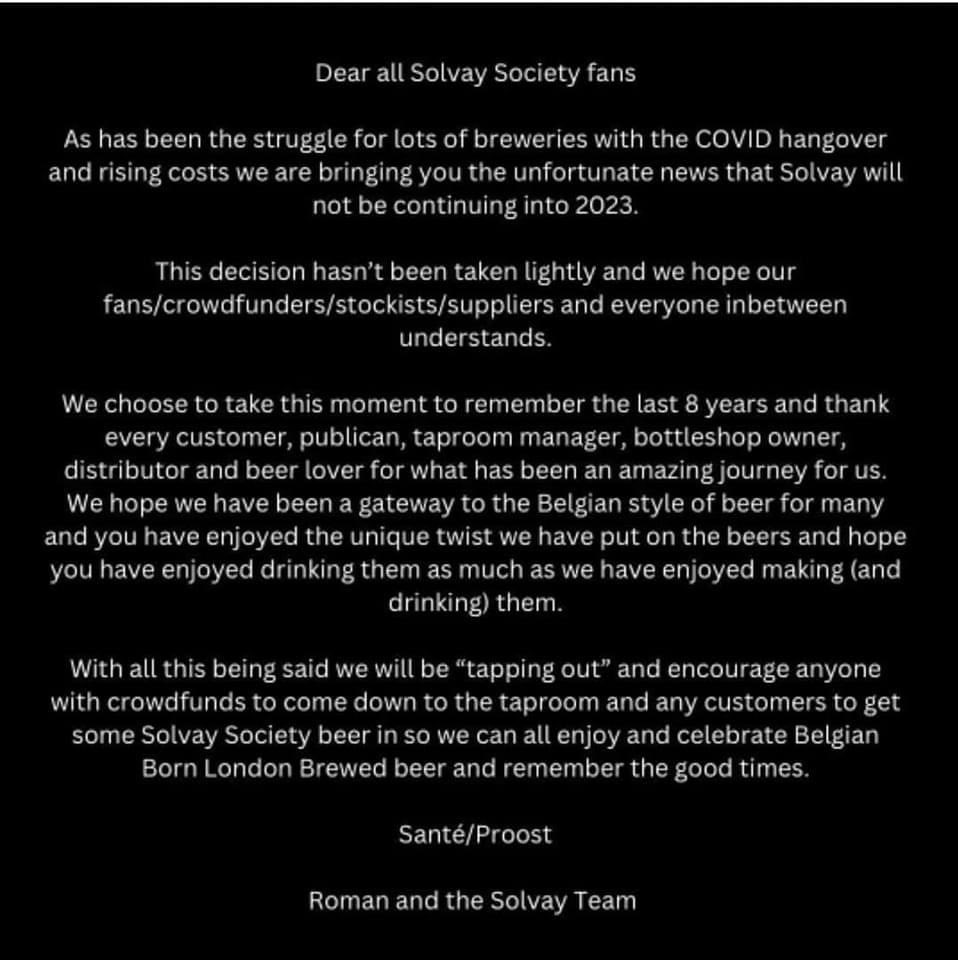 LittleEarthBeer's tweet photo. If you want your favourite brewery to survive this winter buy some of their beer if you can. @SolvaySociety brewed some truly innovative, well made Belgian style beers, and were one of the first UK breweries that did those styles justice. https://t.co/NWt7PGXJnb