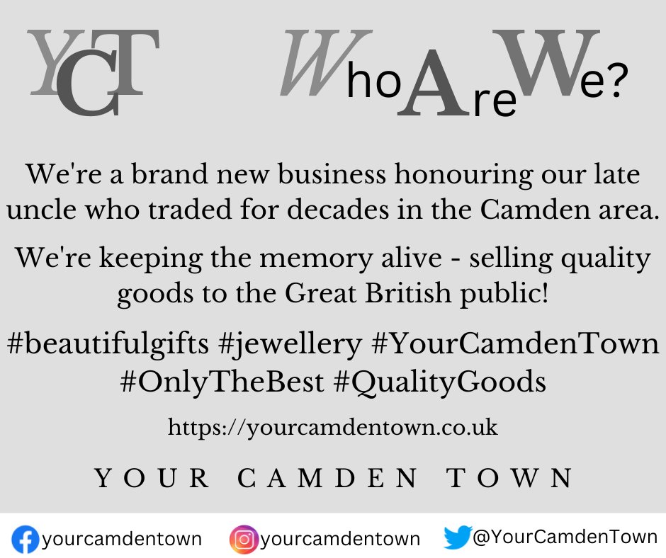 Who we are and why we're doing what we're doing!
#beautifulgifts #jewellery #YourCamdenTown #OnlyTheBest #QualityGoods
yourcamdentown.co.uk to find out more! #beautifulgifts #jewellery #YourCamdenTown #YCT #OnlyTheBest #QualityGoods