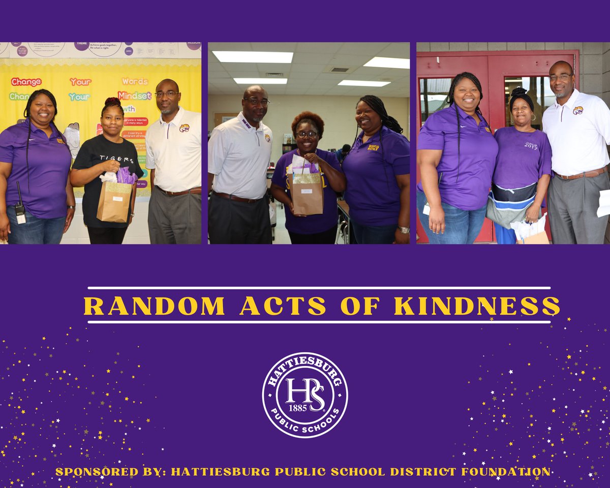 HPSD's tweet photo. Congratulations to this week's "Random Acts of Kindness" recipients:
🐅 Jennifer McNair
🐅 Lisa Robinson
🐅 Darlene Walker

Special thanks to the Hattiesburg Public School District Foundation for supporting this initiative.
#builtforgreatness https://t.co/pbdEXfpeAk