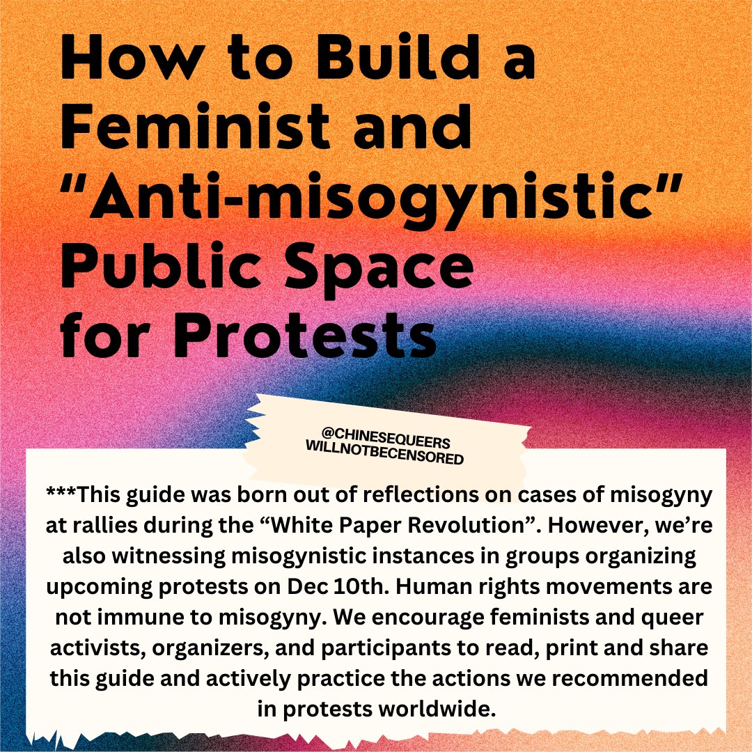 chinesequeers's tweet image. We’re witnessing misogynistic instances in groups organizing upcoming protests on Dec 10th. Human rights movements aren’t immune to misogyny. We encourage organizers&amp;amp;participants to read, print&amp;amp;share this guide&amp;amp;actively practice the actions we recommended in protests worldwide.