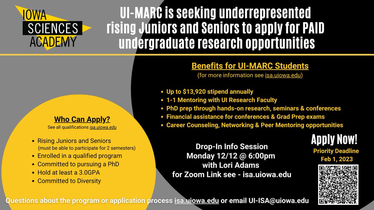 Iowa Sciences Academy (@iowasciacademy) on Twitter photo ISA's looking for future Jr and Sr undergrad researchers interested in pursuing a science PhD. Benefits include tuition assist, annual stipend and more! Information session on Zoom this Monday 12/12 <a href="/6pm/">Follow us @Shop6pm!</a>. Check website for Zoom Link and more info isa.uiowa.edu ISA's looking for future Jr and Sr undergrad researchers interested in pursuing a science PhD. Benefits include tuition assist, annual stipend and more! Information session on Zoom this Monday 12/12 <a href="/6pm/">Follow us @Shop6pm!</a>. Check website for Zoom Link and more info isa.uiowa.edu