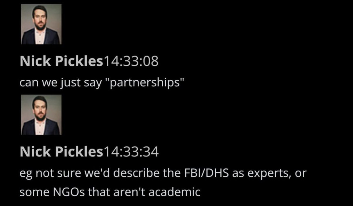 @ShellenbergerMD @bariweiss 18.  Policy Director Nick Pickles is asked if they should say Twitter detects “misinfo” through “ML, human review, and **partnerships with outside experts?*” The employee asks, “I know that’s been a slippery process… not sure if you want our public explanation to hang on that.” 