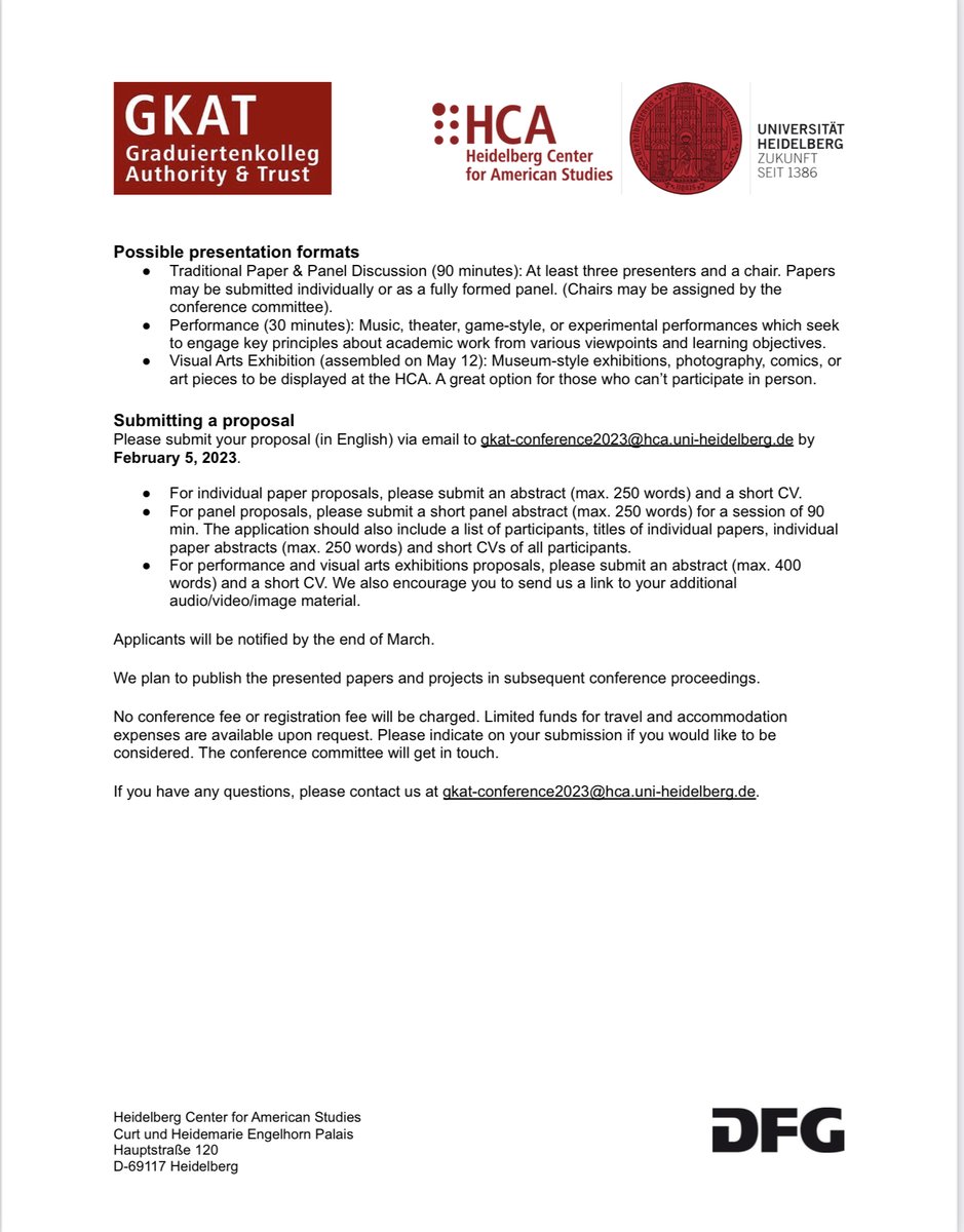 Call for Papers - für die Konferenz des Graduiertenkolleg “Practicing Trust and Authority,” vom 11. bis 13. Mai 2023.  
Das Bewerbungsverfahren läuft bis zum 5. Februar 2023.
