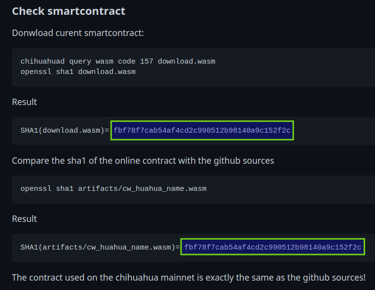HuahuaName's tweet photo. And the most important! Proof that the github sources correspond to the instantiate contract on the @ChihuahuaChain https://t.co/7JPmqJ4NT5