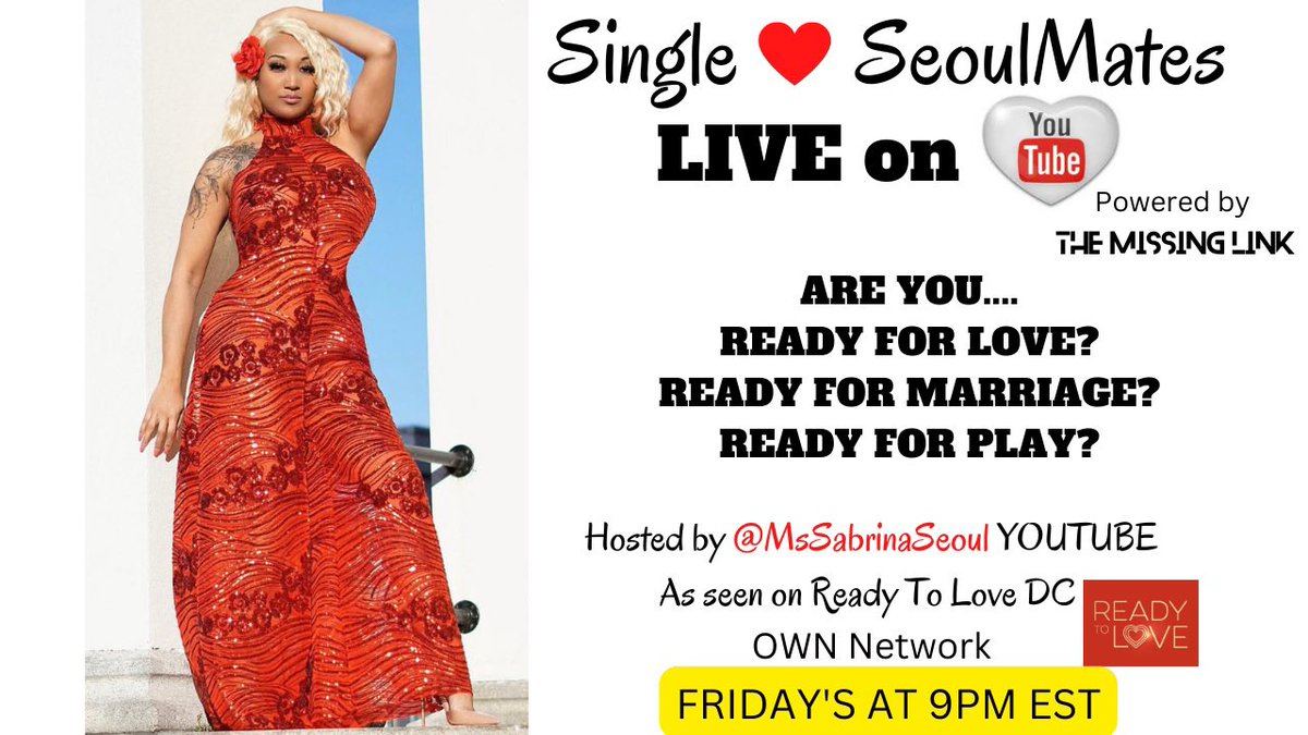 MsSabrinaSeoul's tweet photo. TONIGHT AT 8pm EST!! Click the link to watch and join in the conversation!!! https://t.co/0dIf5yv1kU
#datingshow #readytolove #onlinedating #dating #datingtips #datingapp #singlewomen #singlemen #youtube #zoosk #matchdating #bumble #tinder #hinge #plentyoffish #okcupid #eharmony https://t.co/AUFiRvRphA