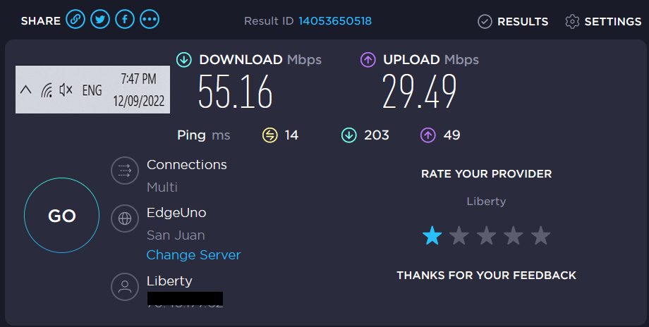 AlxSer's tweet photo. #Libertypr Sigo reportando el mismo problema...Estoy pagando por 300Mbps no por 55Mbps...Reportado Innumerables veces...😠😠😠 https://t.co/8aN7O4fr9E