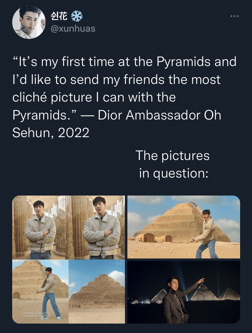 warmswinter's tweet photo. junmyeon said that he wanted to see the pyramids so sehunnie just https://t.co/deX4b4MAmb
