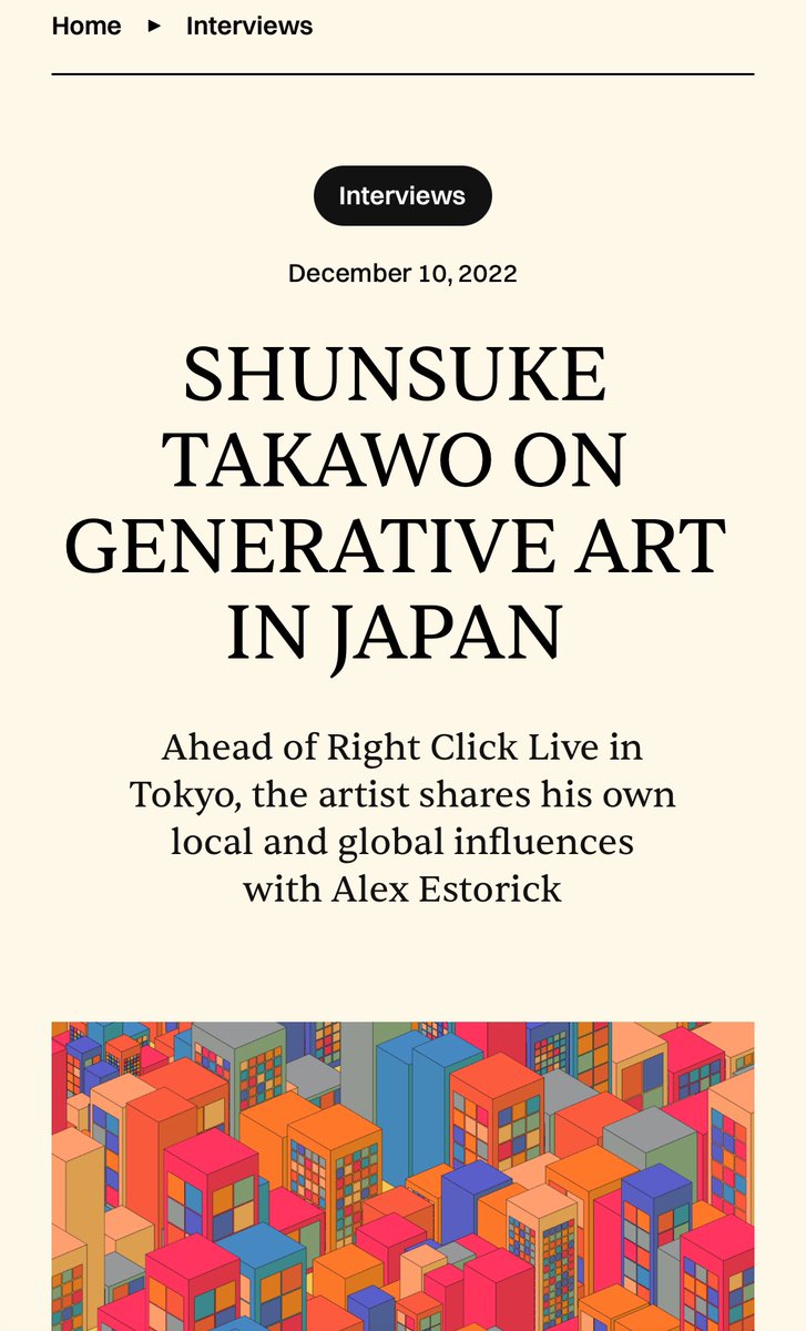 RtClick_Save's tweet photo. SHUNSUKE TAKAWO ON GENERATIVE ART IN JAPAN

Ahead of Right Click Live in Tokyo, the artist (@takawo) shares his own local and global influences with Alex Estorick (@AlexEstorick)

https://t.co/lKoLbk1Y4b https://t.co/UHpFThk2FZ