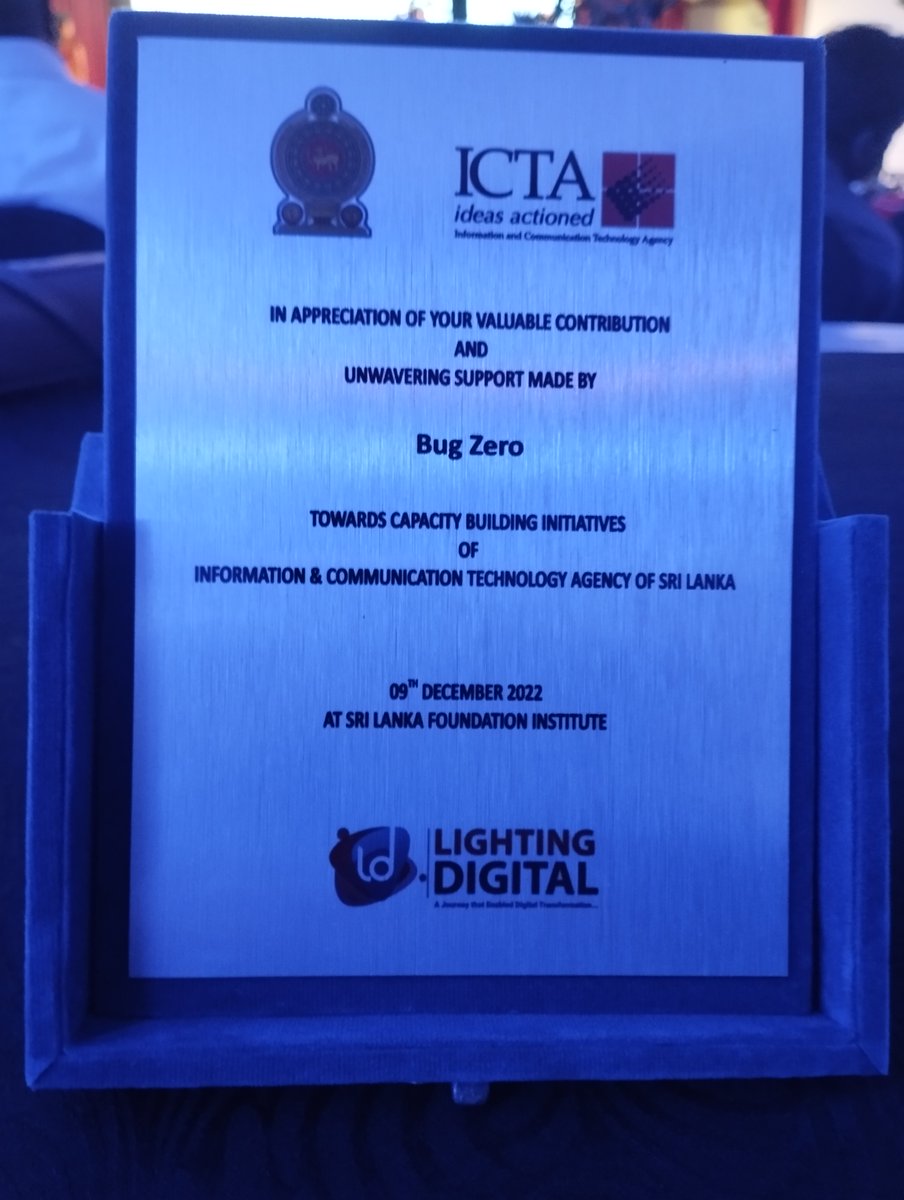 BugZero_io's tweet photo. @BugZero_io is honored to receive this appreciation at the Lighting Digital National Forum at @SLFSriLanka on 9th December 2022 for supporting the capacity building initiatives of @icta_srilanka.
#BugZero #ICTA #SriLanka #LightingDigital #DigitalTransformation #CapacityBuilding https://t.co/xoNAWL6Gua