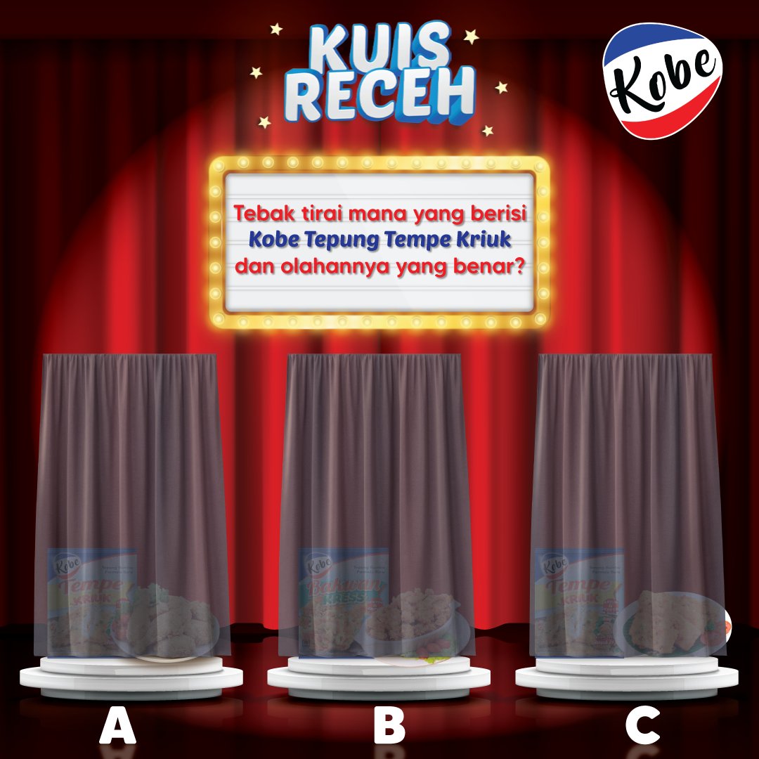 dapurkobe's tweet image. Kuis Receh:
Tebak tirai mana yang berisi Kobe Tepung Tempe Kriuk dan olahannya yang benar?

Menangkan uang digital Total 500.000 untuk 5 Bestie yang beruntung!

Yuk jawab yuk Bestie, siapa tau kamulah pemenangnyaaa..

#dapurkobe #tepungkobe
#AkuBarengKOBE
