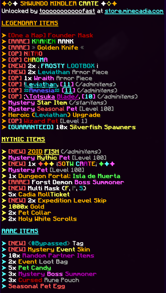 PlayMinecadia's tweet photo. The Shwundo Mindler Crate has officially released on the store containing brand new items! ❄️

In celebration, we'll be giving away the following: 
⚒️ 1x Shwundo Mindler Crate
⚒️ 2x Shwundo Mindler Crate
  🪙  3,500x Gold

Follow us, Retweet, and Like to enter! 🧡 https://t.co/QudSnRUBma