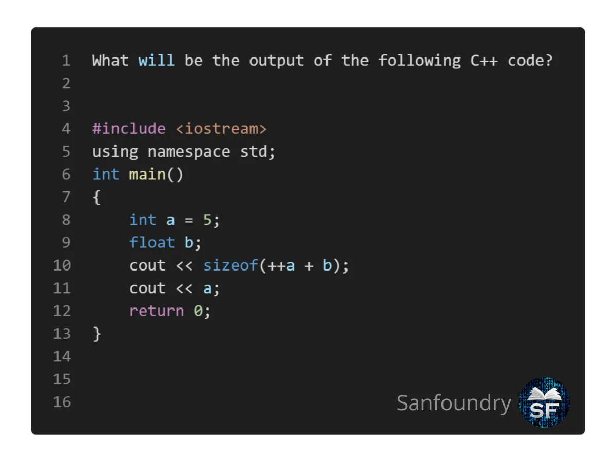 sanfoundry's tweet image. ✨✨ Sanfoundry C++ Programming Quiz ✨✨

#cpp #cplusplus #cpluspluscode #programming #quiz #100daysofcode #codingisfun #codingproblems #codingchallenge #learntocode #programmerlife #100daysofcodechallenge #programs #sanfoundry

Answer (Question 9): buff.ly/3uha6RE