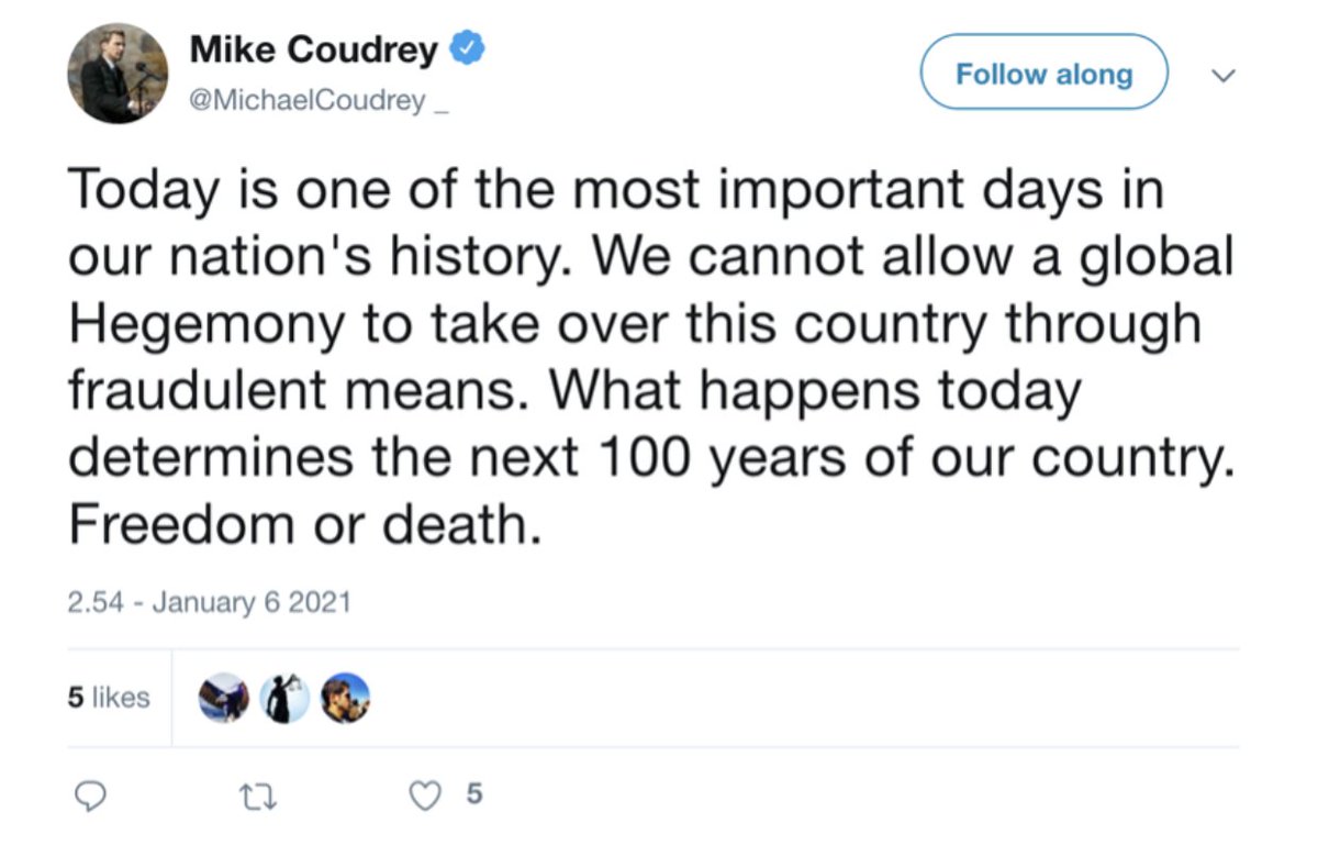 @ShellenbergerMD @bariweiss @JohnBasham @TitaniaMcGrath @RealJamesWoods 57. This “Freedom or Death” tweet from #StopTheSteal gadfly Mike Coudrey elicits heated reactions: