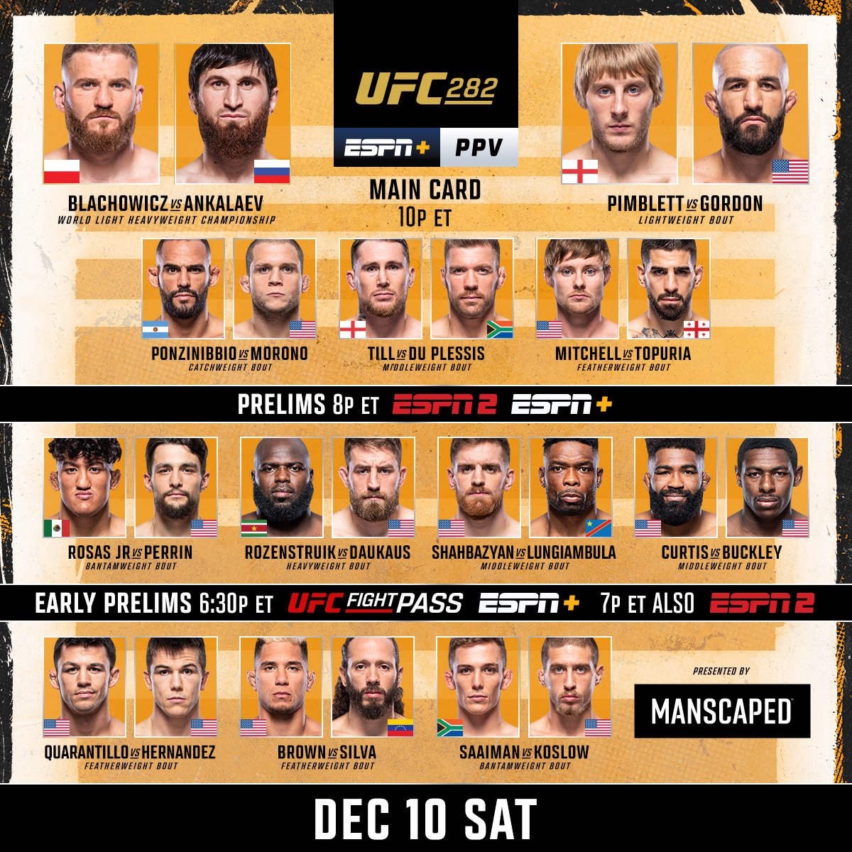 ufc's tweet photo. The final PPV of the year awaits! 🏆 #UFC282 fight day is 𝐅𝐈𝐍𝐀𝐋𝐋𝐘 𝐇𝐄𝐑𝐄. 

[ TONIGHT | Live on ESPN+ PPV: https://t.co/nVlM6Gf73t | B2YB @Manscaped ] https://t.co/OLxsUS4wR5