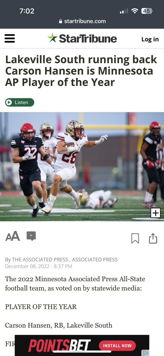 Carson Hansen (@carsonhansen21) on Twitter photo Glory be to God!
Thank you to my coaches, teammates, friends, family and all that have supported me. With that being said I’m humbled to be named the 2022 Minnesota AP Player of the Year!
<a href="/LSHSCougarsFB/">Lakeville South Football</a>
<a href="/CycloneFB/">Iowa State Football</a>
@CoachNateISU
<a href="/CoachMikeShafer/">Mike Shafer's CFB Prospects</a> Glory be to God!
Thank you to my coaches, teammates, friends, family and all that have supported me. With that being said I’m humbled to be named the 2022 Minnesota AP Player of the Year!
<a href="/LSHSCougarsFB/">Lakeville South Football</a>
<a href="/CycloneFB/">Iowa State Football</a>
@CoachNateISU
<a href="/CoachMikeShafer/">Mike Shafer's CFB Prospects</a>