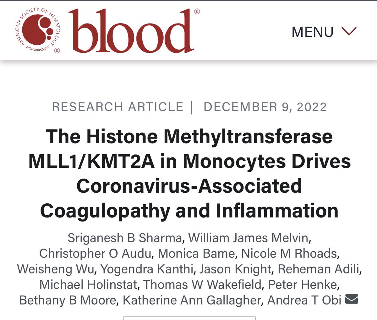 Look at my bestie <a href="/AndreaObiMD/">Andrea Obi MD</a> and her mentee <a href="/SharmaSriganesh/">Sriganesh Sharma, MD PhD</a> Publishing in Blood! You heard that right… Blood. These guys are big time!! Congratulations!!!  MLL1/KMT2A in Monocytes Drives Coronavirus-Associated Coagulopathy and Inflammation ashpublications.org/blood/article-…
