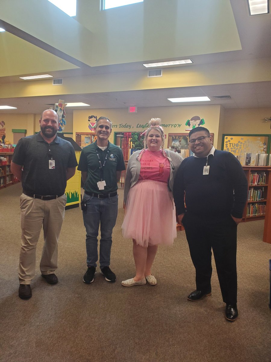 Had an great visit from @lenbryan25 and @TechAcosta. I’m so proud to announce our library is getting a maker space, with a 3D printer, but also a makeover! And yes, I’m dressed like Cindy Lou Who. #elementary #grinch #dressupdays @PattersonESHISD @Luis_A_Saenz