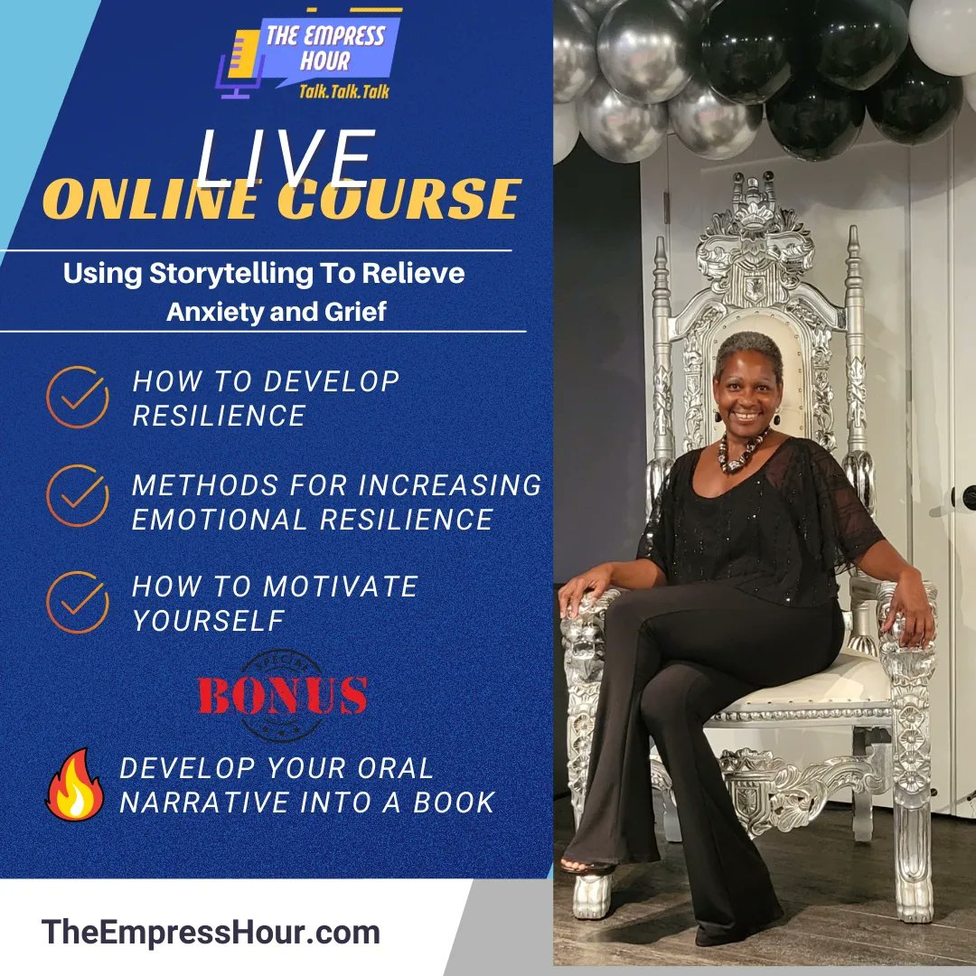 Shondamparks's tweet photo. My online course will focus of using storytelling as a creative force to assist and set new patterns in order to relieve Anxiety and Grief.

Please join my email list: theempresshour@gmail.com 

See the attached flyer. https://t.co/Bt1EKAv2iO