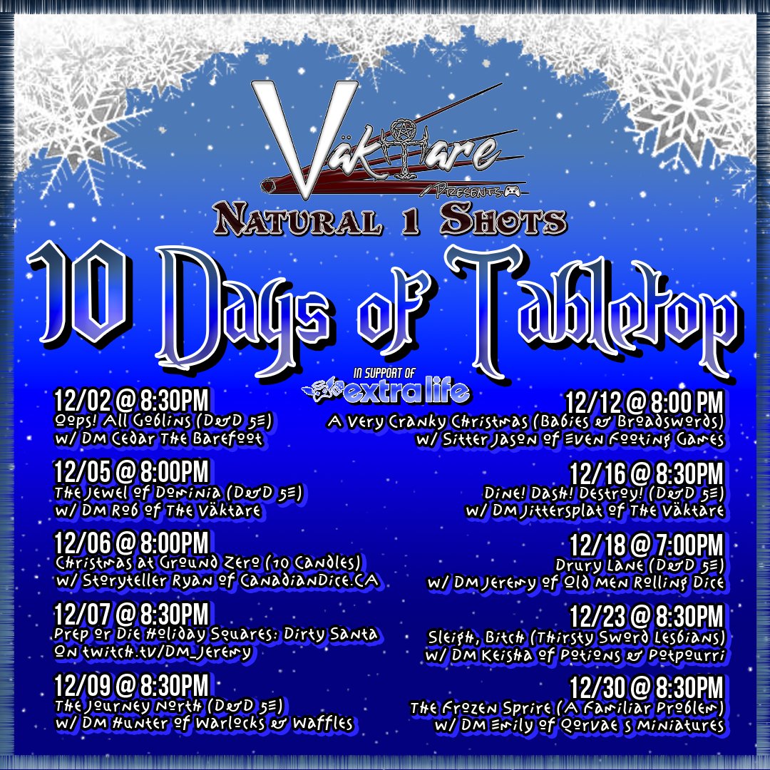 aphi_the_dm's tweet photo. Join us for a holiday 1-shot with guest DM @warlock_waffle - Tonight marks Nicole’s 13th birthday, and The Sisters have prepared her for an ancient pilgrimage north, through the treacherous frozen wastes. #DnD #roleplay #ttrpg #dice #extralife4kids #ExtraLife #guestDM #allmoms https://t.co/x4xLhu2wwW