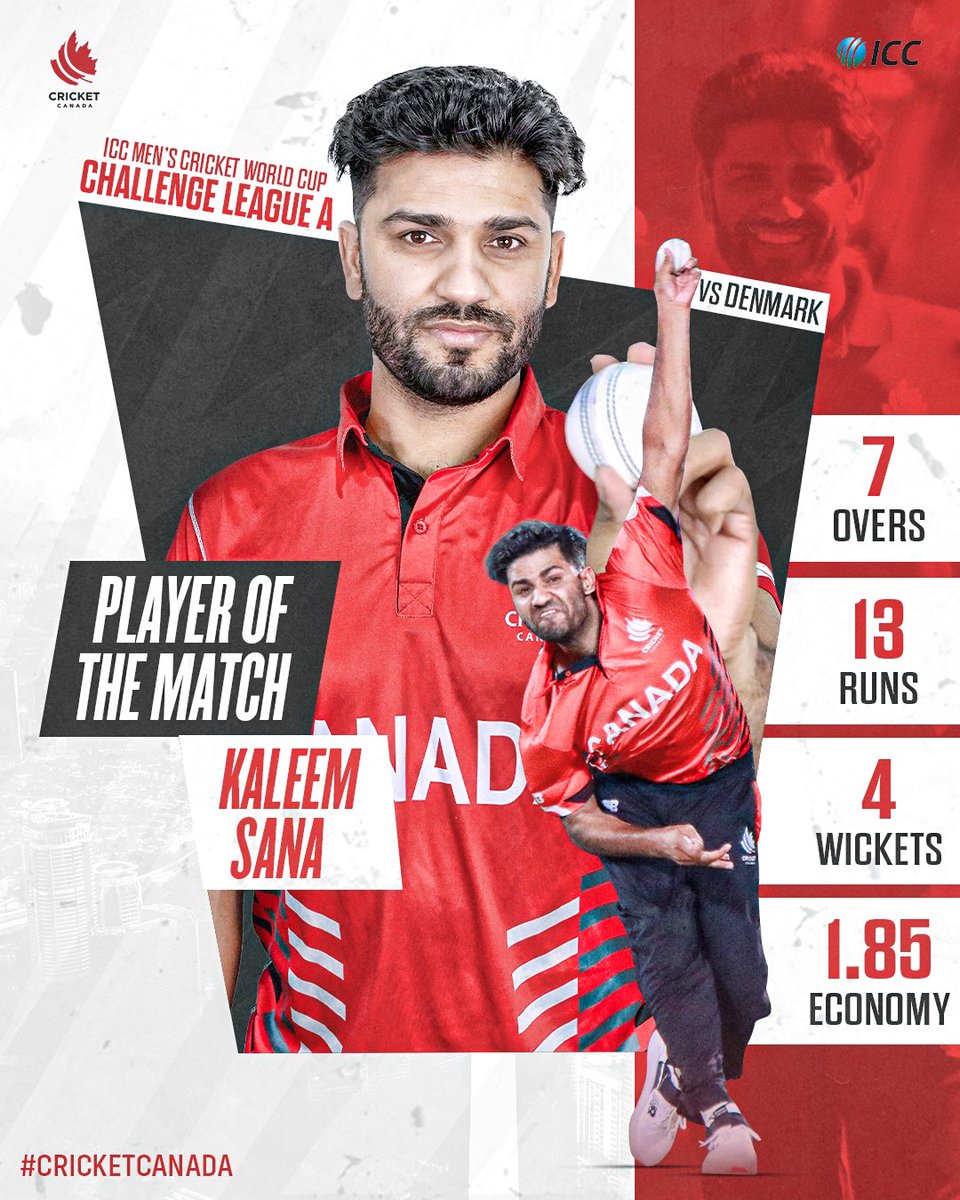canadiancricket's tweet photo. Extraordinary spell by Kaleem Sana as he took 4 wickets in 7 overs and conceded just 13 runs.
Out of the 42 deliveries he bowled, 33 of them were dots π
#cricketcanada #icc #canvsden #cricketworldcup https://t.co/tBzUurXk7y
