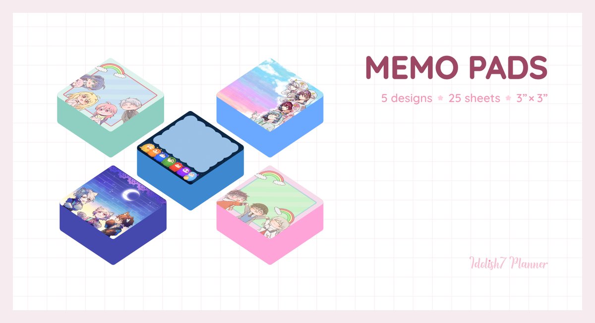 AinanaPlanner's tweet photo. Today we'll be showing off our memo pads! 📝✨
We have 5 different designs featuring all 4 idol groups and their managers. Memo pads are available by themselves and in bundles! https://t.co/63FGjJ8aeC https://t.co/BXFGpKDxnq